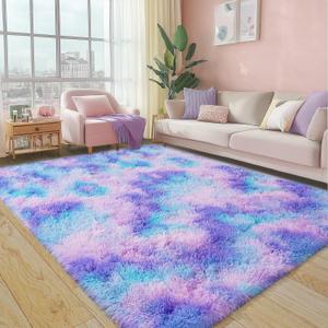 Super Fluffy Area Rug for Living Room 5x7 Feet, Modern Indoor Shaggy Carpet, Soft Plush Non Slip Rugs for Bedroom Kids Room Cloakroom Home Decor, Rainbow Purple