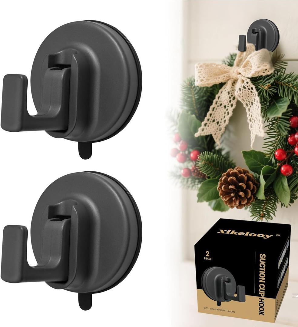 Upgrade Suction Cup Hooks, Suction Cup Hooks for Shower, No Drill SuctionCup Hook for Bathroom Hanging Towels Holder, Hook for Christmas Wreath Decor Thanksgiving, Reusable Strong & Reliable (2)
