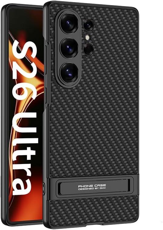 Lunivop Case Compatible with Samsung Galaxy S26 Ultra Case PU Leather Back Panel with Built-in Adjustable Kickstand Protector Slim Drop Phone Cover for Samsung Galaxy S26 Ultra 6.9 inch (Carbon Fiber)