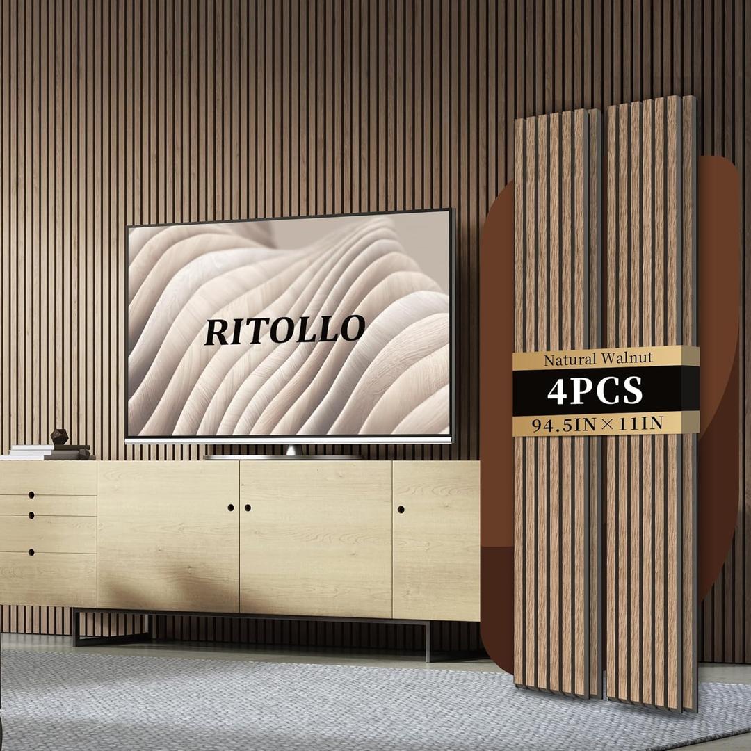 RITOLLO 4-Piece Wood Slat Panels for Wall 94.5"11" Acoustic Panels for Interior Wall Decor 3D Fluted Sound Absorbing Panel - Natural Walnut