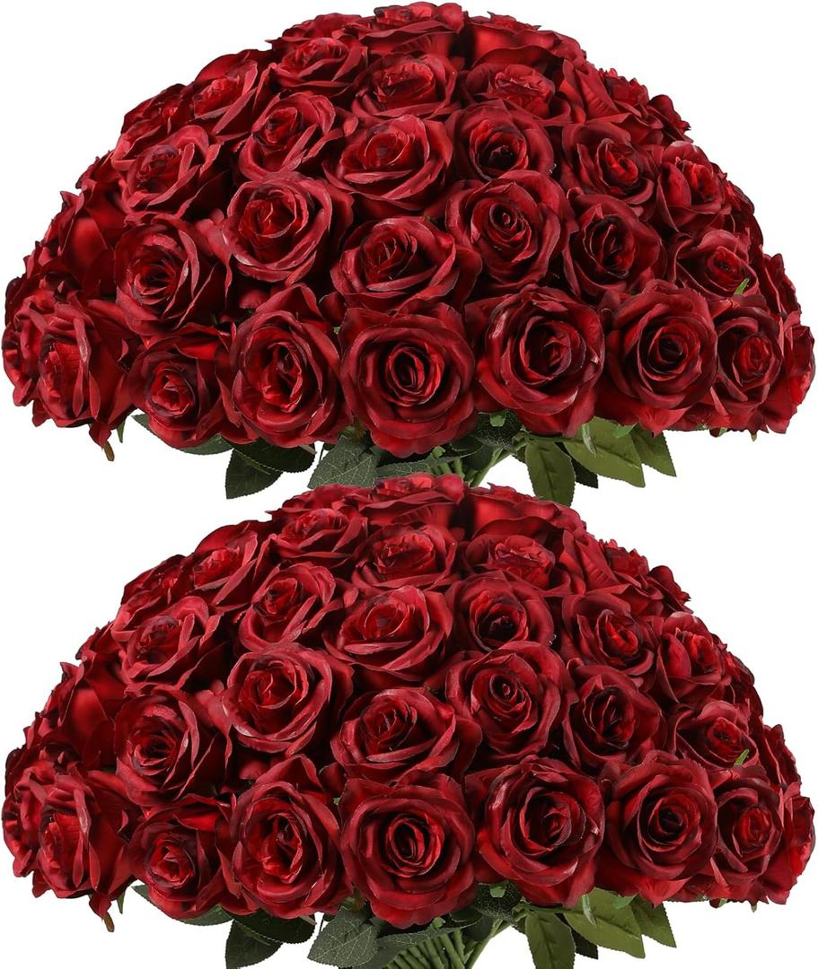 Kisflower 60 Pcs Burgundy Roses Artificial Flowers Bulk, Maroon Flowers Artificial Silk Roses with Stems for Decoration DIY Wedding Bouquet Bridal Shower Party Home Table Centerpieces Decor (Burgundy)