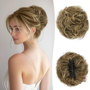 RUWISS Large Messy Bun Hair Piece with Claw Clip Human Hair Bun Wavy Curly Chignon Hair Bun Extensions Tousled Updo Hair Pieces for Women Claw Clip Ponytail for Women, Brown Mixed Light Blond (45g) 1 Pack