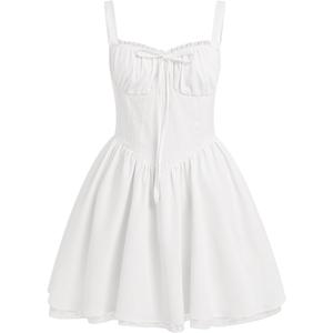 Women's Corset Mini Dress Spaghetti Straps Backless Lace up Low Cut Ruffle Short Dress Sundress, Large