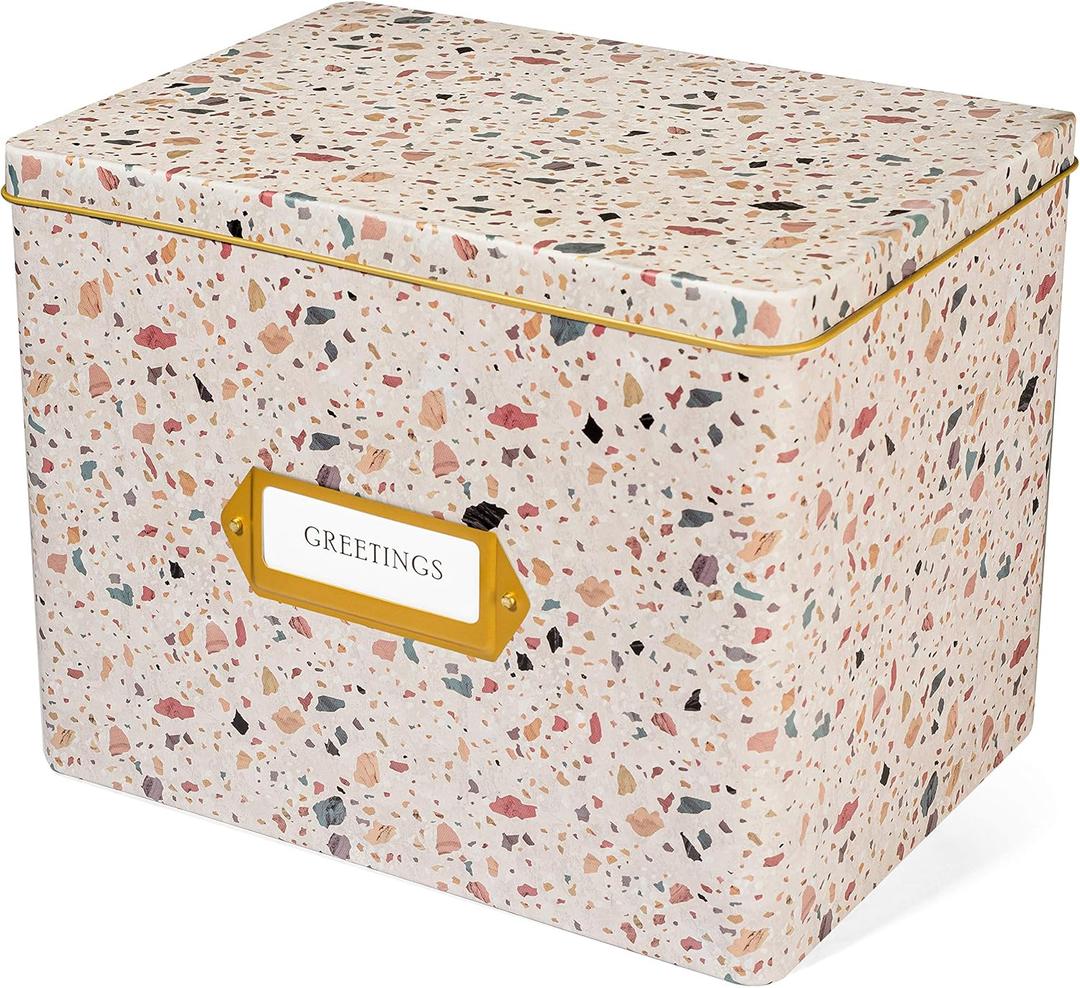 Jot & Mark Greeting Card Organizer Box Set, Decorative Recipe Tin Box, Tab Dividers, Matching Greeting Cards and Envelopes (Terrazzo Blush)