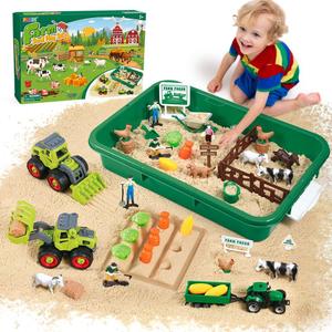 FRUSE Farm Sensory Bin Toys with Play Sand Kit & Tractor for Toddlers 3-8, Large