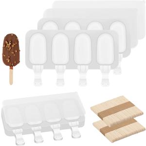 3 Set Samll Popsicles Molds with Lids and 100 Pieces Wooden Popsicles Sticks, 4 Cavities Silicone Ice Cream Molds for Making Cakesicles, Cake Pops, Ice Cream - BPA Free (Small Size, White)