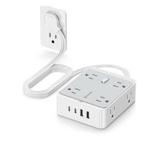 Flat Power Strip, 12-in-1 Flat Outlet Extender with 5Ft Extension Cord, Power Strip Flat Plug with 8 AC Outlets 2 USB-A and 2 USB-C, Flat Wall Extension Cord for Desktop Home Office Dorm Room