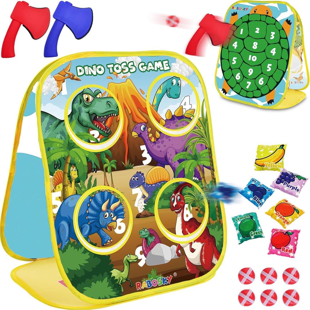 RaboSky 3-in-1 Feed Dinosaur Toss Games for Kids with 6 Fruit Bean Bags, 2 Throwing Axes, 6 Sticky Balls, Outdoor Toddlers Toys Indoor Activities for 2 3 4 5 Boy Gifts Birthday Party Easter Christmas