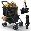 Folding Shopping Cart & Pet110lbs 2-in-1 Personal Cart with Removable Basket & Lower Dogs StrollerSingle-Hand Fold, Collapsible Utility Trolley Cart for Groceries, Laundry, Camping & Pet Traveling