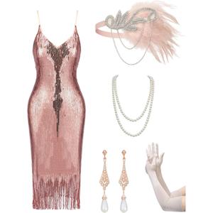 YESSA Flapper Dresses 1920s Gatsby Dresses for Women Roaring 20s Costumes Great Gatsby Outfits with 20s Accessories Set (X-Large, Elegant Champagne Pink)