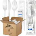 100 Pack Medium Weight Wrapped white Plastic Cutlery Pack with Napkin and Salt/Pepper Packets (White)