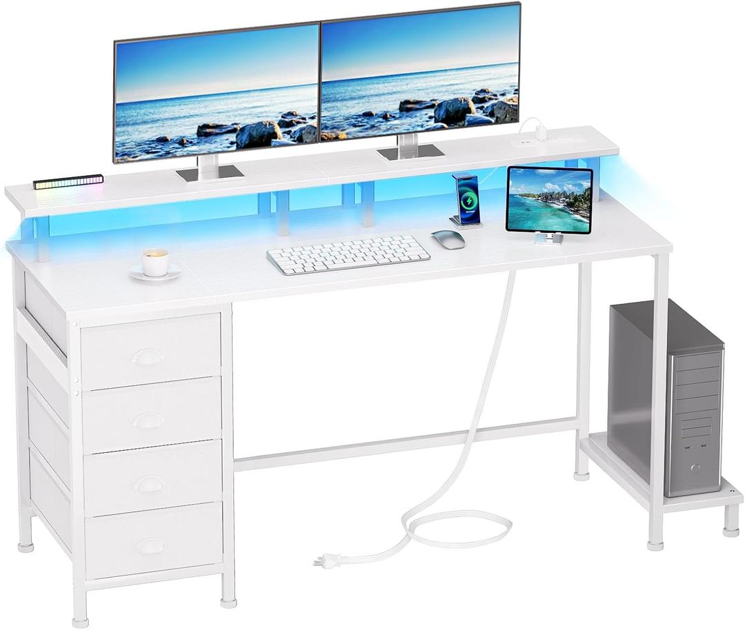Furologee 55" White Computer Desk with 4 Fabric Drawers & Monitor Stand, Gaming Desk with Power Outlets - LED Lights, Home Office Space-Saving Study Table for Bedroom Small Spaces