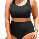 Aqua Eve Plus Size Two Piece High Waisted Bikini Swimsuits Scoop Neck Bikini Set Sporty Bathing Suits (Black) 16