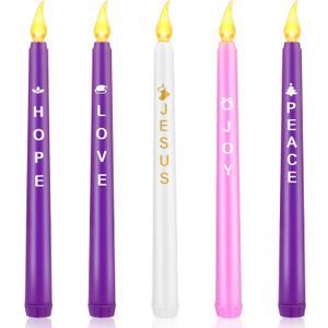 Fovths 5 Pack LED Advent Candles With Words Hope Peace Love Joy Jesus - Flameless Taper Candles for Christmas Wreath Celebration Decor, Pink, Purple, White