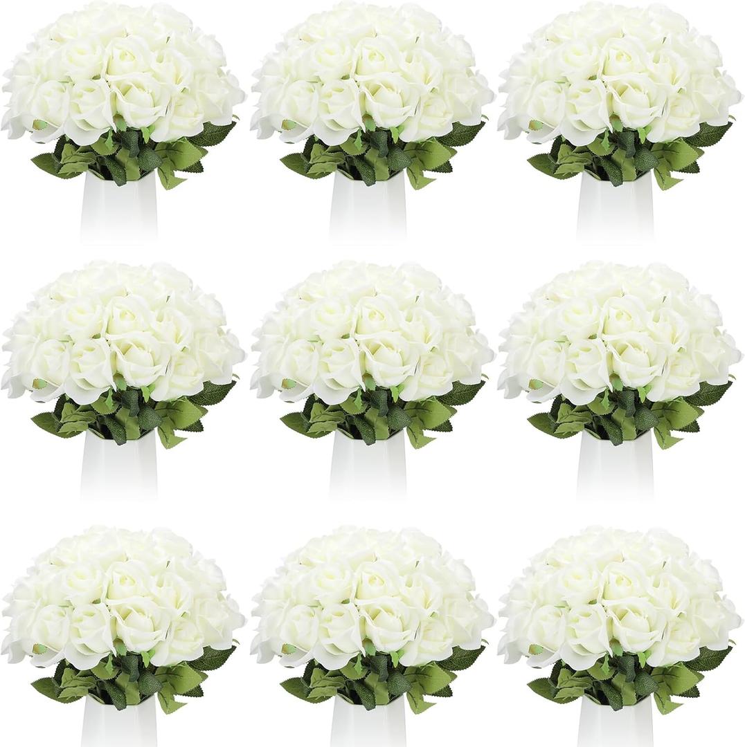 Jexine 100 Pieces Artificial Roses Flowers Bulk, Long Stem Realistic Fake Silk Roses Bouquet for Table Centerpiece Vases Wedding Party Kitchen Decor (Creamy White)