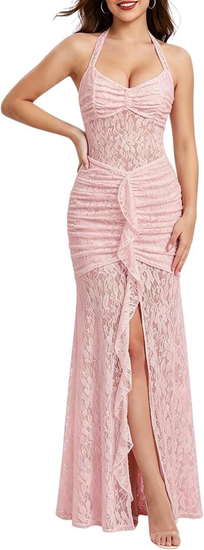 Womens Sexy Halter Tie Backless Sheer Floral Lace Patchwork Maxi Dress Ruched Ruffle Hilt Slit Wedding Prom Dress M