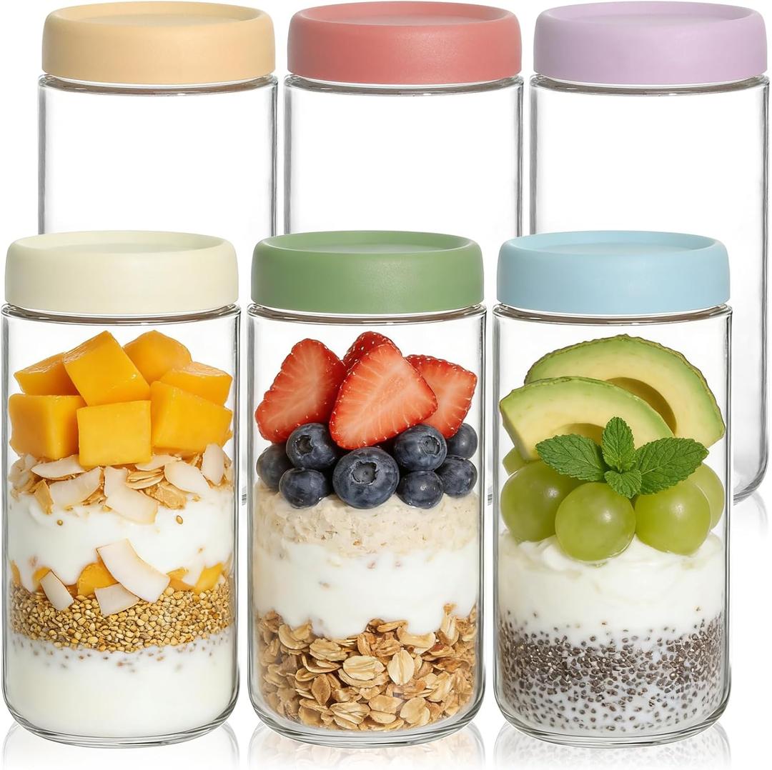 KEYWING 6-Pack 24oz Glass Overnight Oats Jars Wide Mouth Mason Jars with Airtight Lids, Glass Food Containers for Chia Pudding, Oatmeal, Yogurt, Snacks & Meal Prep