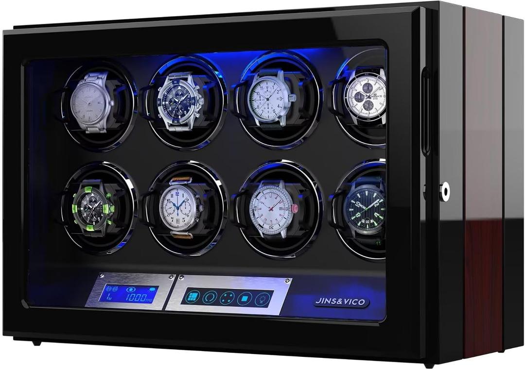 Watch Winder, Adjustable [Upgraded] Watch Pillows, 8 Winding Spaces Watch Winders for Automatic Watches, Built-in Illumination (Wooden)