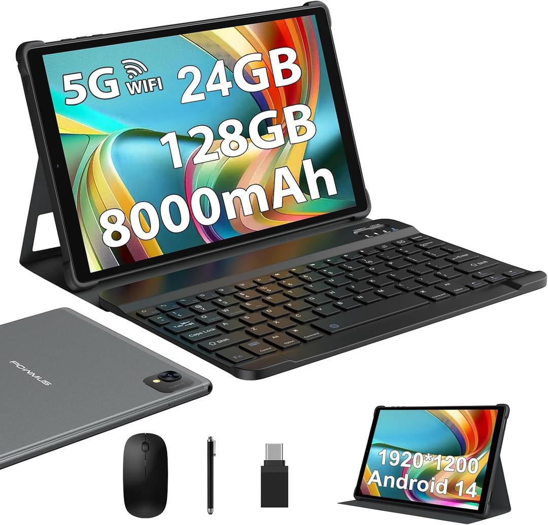 POWMUS 2025 Latest Android 14 Tablets,10 Inch Tablet with 24GB RAM 128GB ROM Expand 1TB,8000mAh Battery, FHD LCD Screen,Support 5G WiFi/BT5.0/GPS, 2 in 1 Android Tablet with Keyboard Gray