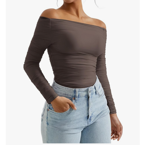 OMKAGI Women Long Sleeve Tops Sexy Off Shoulder Shirts Fitted Going Out Y2K Crop Top, Size L