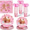 Zubebe 120 Pcs Pink Christmas Gingerbread Man Party Supplies Decorations Disposable Tableware Paper Plates Napkin Cups Dinnerware for Gingerbread House Candy Birthday Decorations, Serves 24 Guests