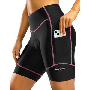 Padded Bike Shorts for Women High Waisted 4D Padding Cycling Bicycle Road Biking Shorts with Pockets (Medium, Black/Pink)