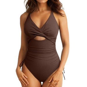 Aleumdr Women's Ribbed One Piece Swimsuit Tummy Control High Cut Bathing Suit Sexy V Neck Criss Cross Monikin XL