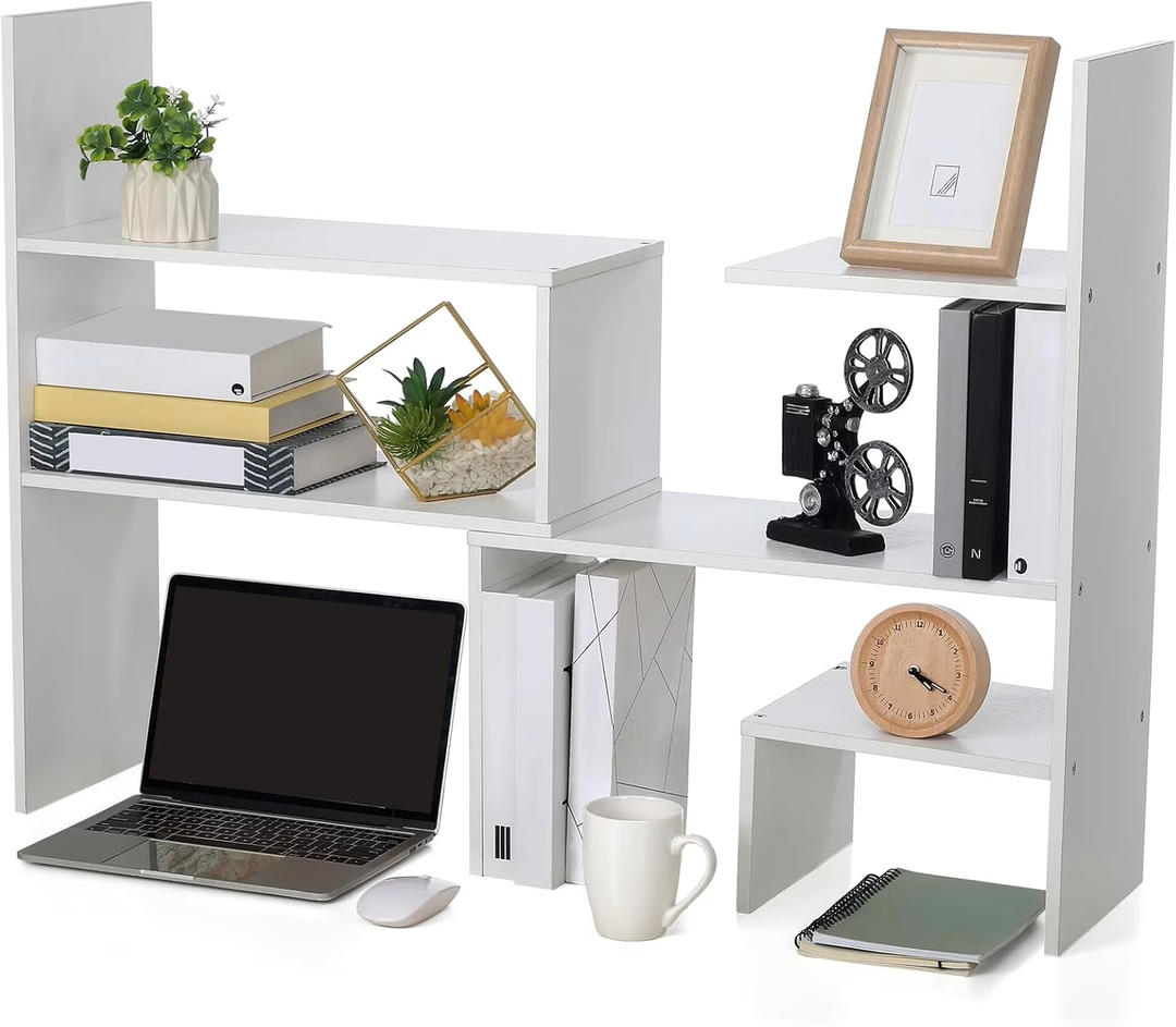 Briwooody Expandable Dorm Desk Dutch Adjustable Desktop Bookshelf Wooden Desktop Storage Organizer Bookcase Cubby Book Rack for College Dorm Home Office Furniture(White)