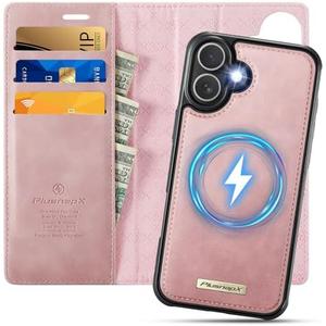 PlusnapX Wallet Case for iPhone 16 Compatible with Magsafe, 2-in-1 PU Leather Flip RFID Blocking Card Holder Stand Shockproof Magnetic Detachable Cover for iPhone 16 Case 6.1", Pink