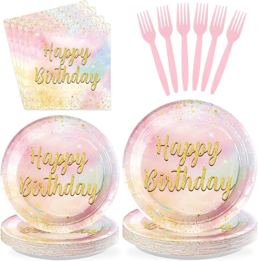 96Pcs Pastel Rainbow Birthday Decorations Rainbow Cloud Plates and Napkins Tableware Sets Glitter Sprinkled Gold Watercolor Party Decorations for Girls Princess Birthday Baby Shower Supplies Serves 24