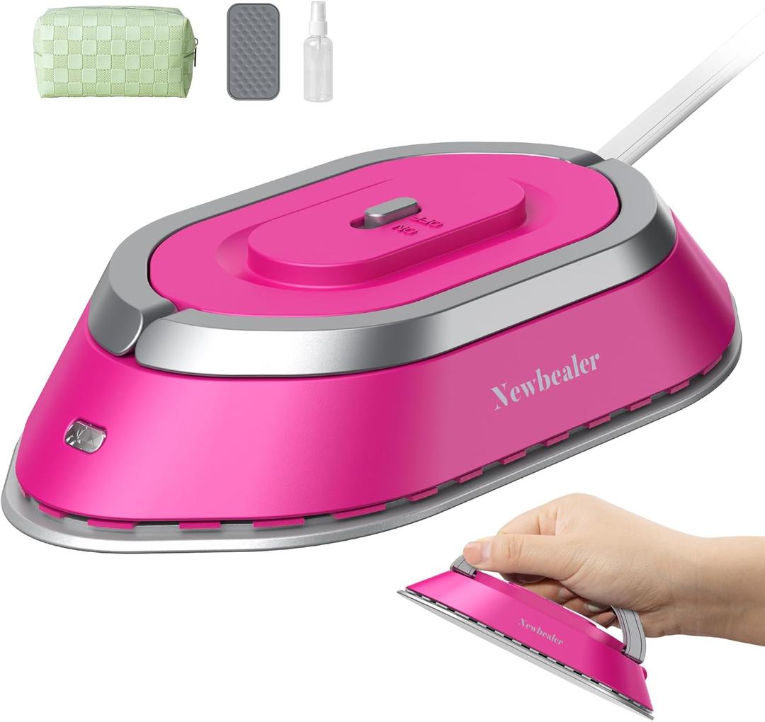 Newbealer Travel Iron with Dual Voltage - 120V/220V Mini Dry Iron for Clothes (No Steam), Non-Stick Ceramic Soleplate, 302 Heat Press Machine for Quilting & Sewing, 0.95lbs Lightly (Hot Pink)