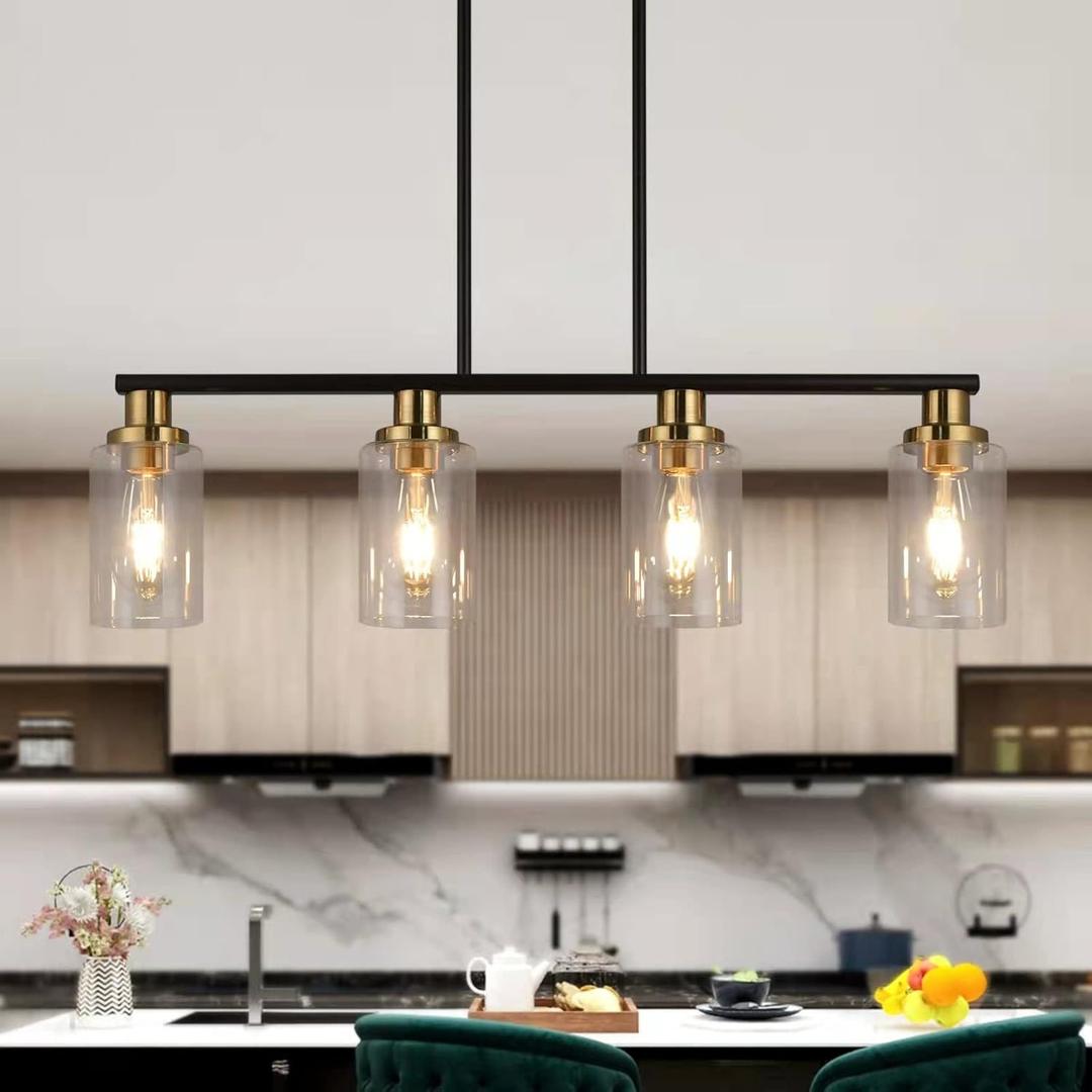 Island Lights for Kitchen, 4-Light Farmhouse Dining Room Light Fixtures Over Table, Matte Black and Gold Linear Chandeliers for Dining RoomIndustrial Pendant Lighting with Clear Glass Shade
