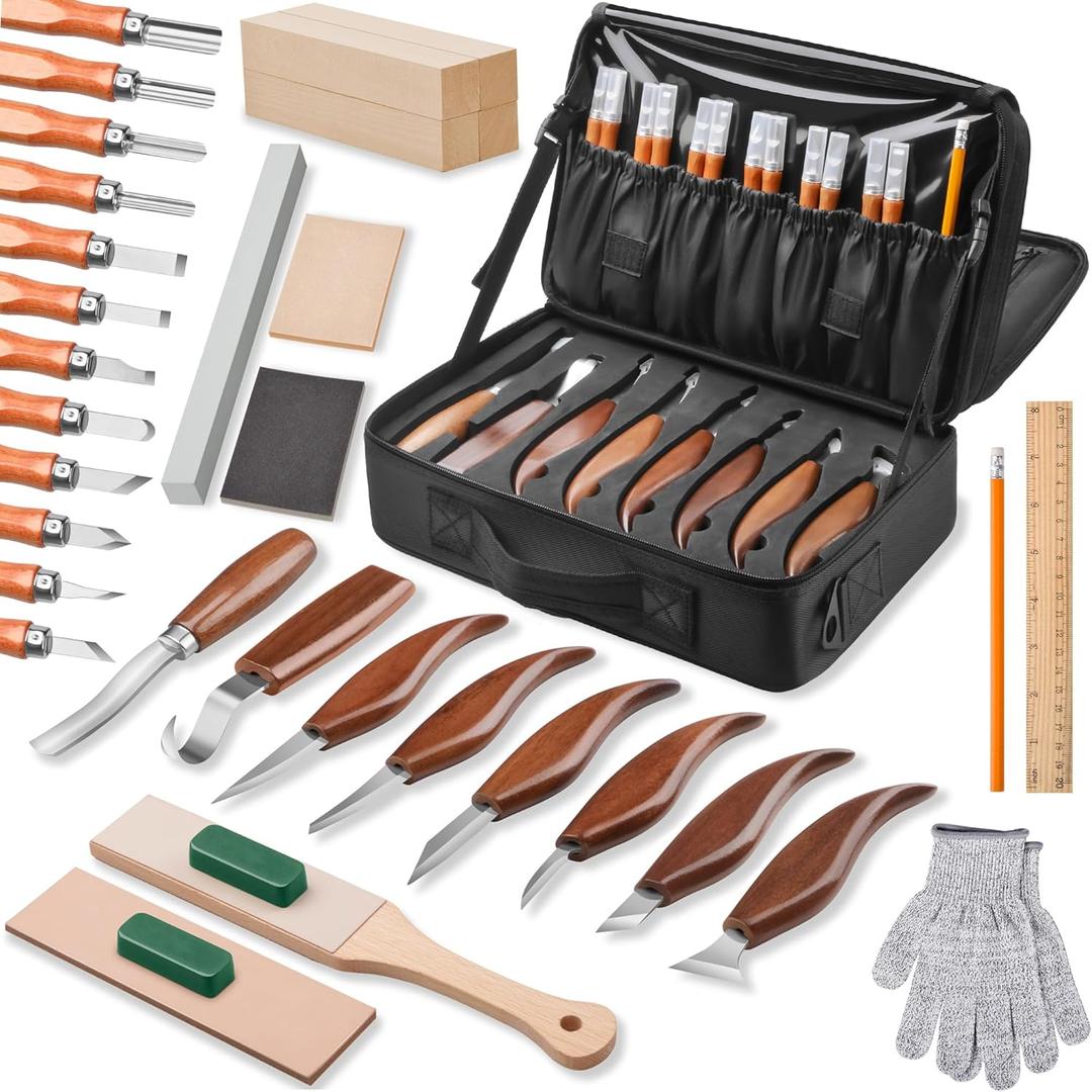 Olerqzer Wood Carving Kit, 35-in-1 Wood Whittling Kit for Beginners, Whittling Knife Set Whittling Knife Wood Carving Knives Carving Tools with Large Storage Tool Bag (35PCS)