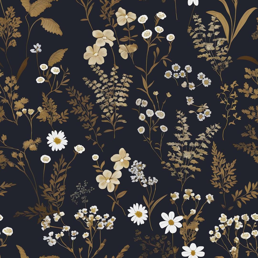 Dark Floral Wallpaper Peel and Stick 17.5in x 118in Vintage Golden Leaf Wallpaper Vinyl Waterproof Self-Adhesive Boho Botanical Wall Paper Mural for Bookcase Bedroom Cabinet Decor (Black White Gold)