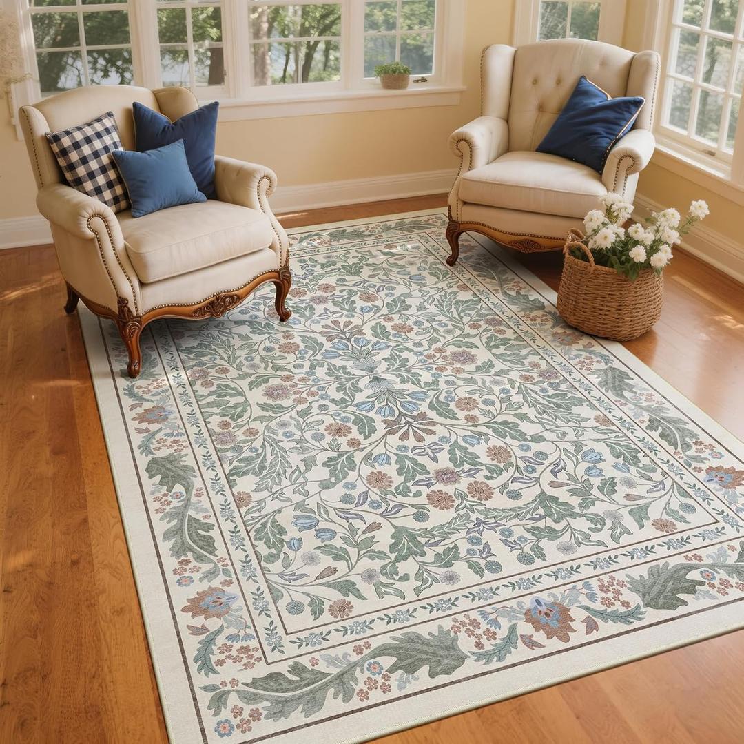 Floral Indoor Entrance 4x6 Area Rug, Washable Vintage Boho Entryway Rugs, Low Pile Non Slip Soft Carpet for Kitchen, Bedroom Beside, Laundry Room, Office Rug, Living Room, Nursery Room， Beige Green