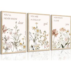 3 Pcs Flower Canvas Wall Art Vintage Floral Sentence Painting Picture Poster, Wildflower Canvas Print Artwork, Boho Girl Nursery Decor for Living Room,Bedroom,Office Wall Decoration (16*24 in(Unframed))
