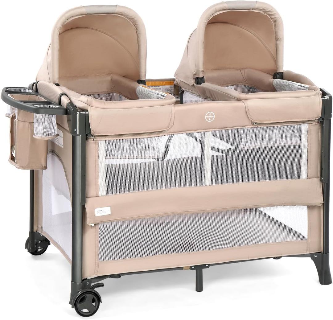JOYMOR Twin Bassinet for Baby, Beige Bedside Bassinet, Convertible to Bedside Sleeper and Playpen, with Wheel, Brake, Foldable Side Sleeper,Beige