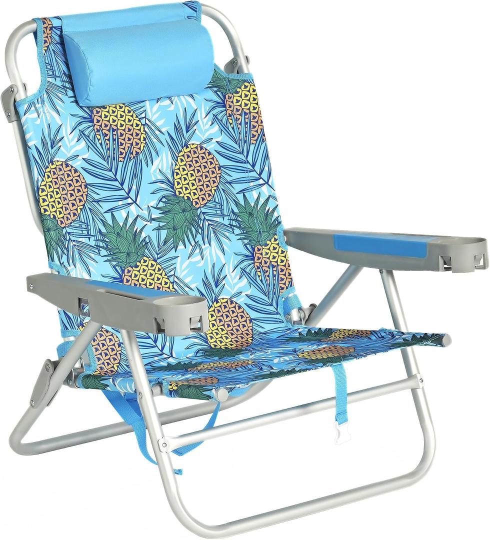 SUNNYFEEL Extra Wide 28" Low Beach Chair 5 Position Lay Flat, XL Oversized Portable Folding Camping Chairs with Cup Holder for Outdoor/Trip, Lightweight Foldable Backpack Beach Chair for Adults