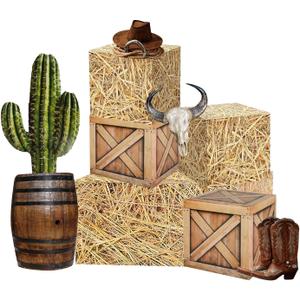 10Pcs Western Cowboy Party Decorations Set 3 Hay Bales Boxes 2 Wood Print Boxes and 5 Cowboy Centerpieces Decor for Birthday Western Wedding Farm Harvest Party Favors