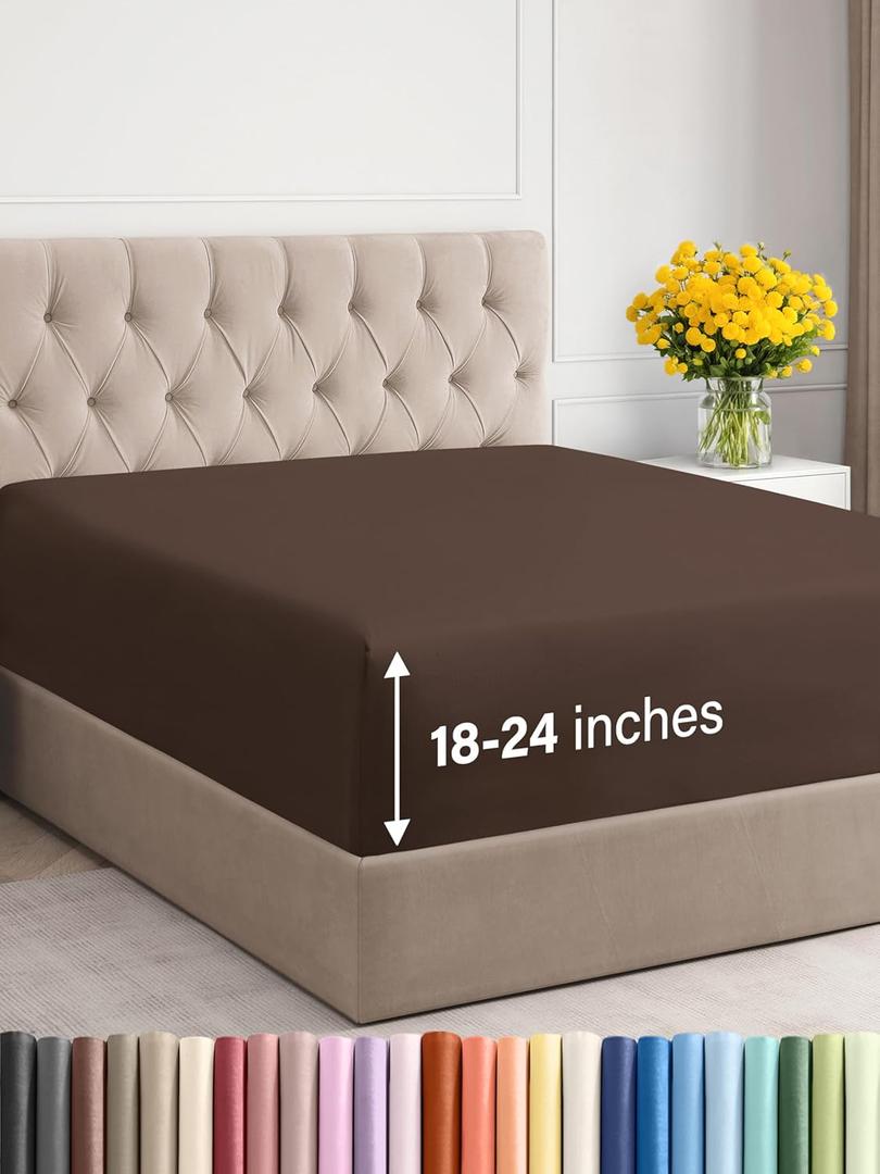 Extra Deep Cal King Fitted Sheet - Hotel Luxury Single Fitted Sheet Only - Easily Fits 18 inch to 24 inch Mattress - Ultra Soft, Wrinkle & Fade Free w/Extra Deep Pockets - Breathable & Comfy - Brown