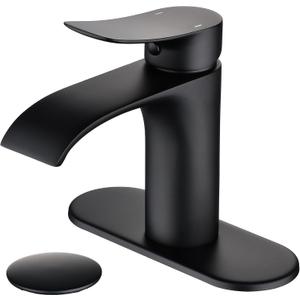 Waterfall Style Bathroom Faucet, Black, 3/8-Inch Compression Threads, Single Hole, Ceramic Disc Valve, Drip-proof, Waterfall Design, Easy Installation
