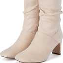 Coutgo Women's Slouch Mid Calf Boots Chunky Heel Square Toe Zip Up Fall Fashion Booties Shoes (9, Nude)