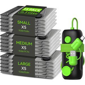 Vacuum Bags for Travel - USB Electric Pump, 15 Pack Carry-on Size Vacuum Seal Bags for Clothing - Space Saver Vacuum Storage Bags for Luggage, Travel Essentials.
