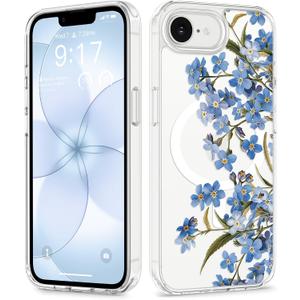 GVIEWIN for iPhone 17e Case & iPhone 16e Case, Compatible with MagSafe [Non-Yellowing][Military-Grade Protection] Hard PC&TPU Bumper, Floral Shockproof Protective Clear Phone Case (Aconite/Blue)