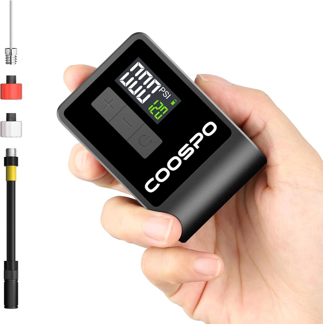 CooSpo Mini Electric Bike Pump, Portable Tire Inflator Portable Air Compressor, Max 120 PSI, Auto Shut-Off Air Pump with Presta/Schrader Valves for All Bicycles, Ball, Car Accessories