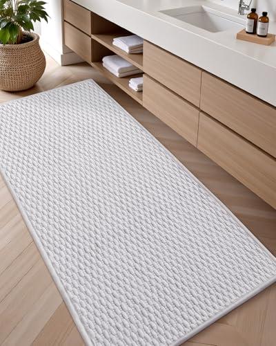 Color&Geometry Woven Chenille Bathroom Rugs Absorbent Non Slip, 35"×23" White Bath Mat Washable, Long Bathroom Mat Quick Dry, Thin Bath Rugs Fit Under Door