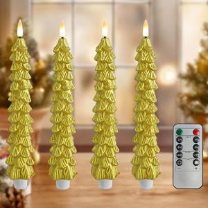 Gold Christmas Trees Flickering Flameless Candles with Remote and Timer, Real Wax 3D Flame Wick LED Candles, 9.8 Inch Battery Operated Candles for Christmas Home Decoration4PCS