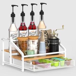 Alyoen Coffee Syrup Organizer Rack, 3-Tier Coffee Station Organizer for Countertop, Coffee Bar Organizer with 35K Cup Storage Basket, Coffee Syrup Holder Stand for Coffee Bar Accessory - White