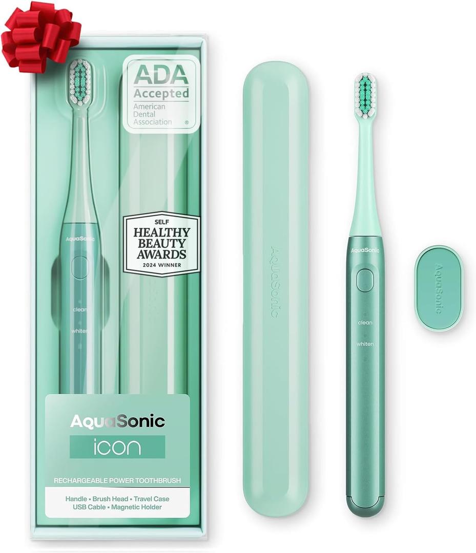 Aquasonic Icon ADA-Accepted Rechargeable Toothbrush | Magnetic Holder & Slim Travel Case | 2 Brushing Modes & Smart Timers | Gentle Micro-Vibrations (Mint) (1 Count (Pack of 1))