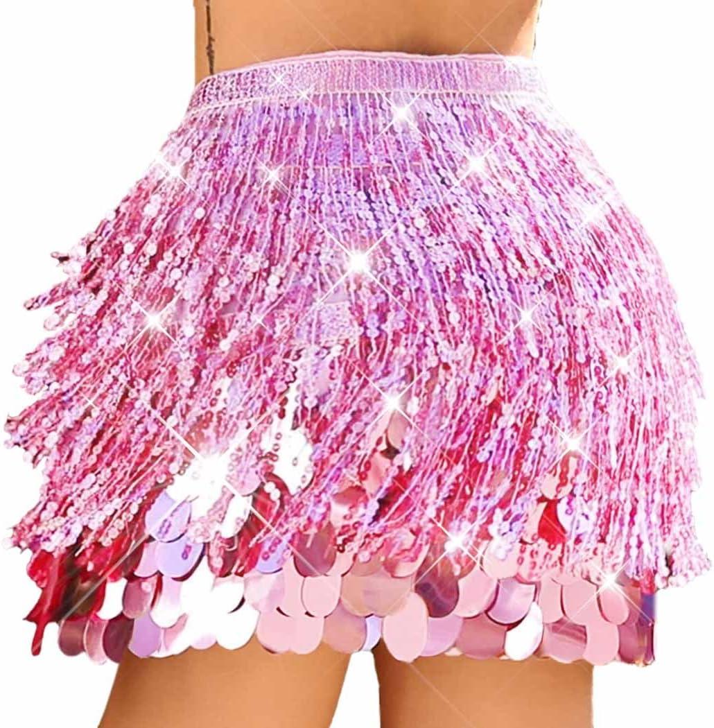 Unicra Gold Sequin Skirt Sparkly Fringe Skirt Glitter Belly Dance Hip Scarf for Women